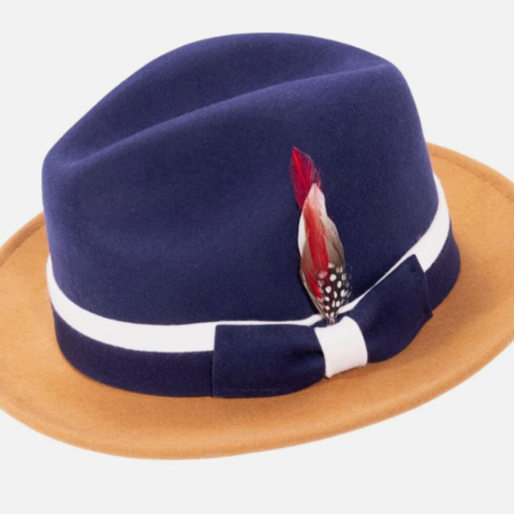 Montique NAVY& CAPPUCCINO  Felt Fedora with WHITE Band and Feather    H103